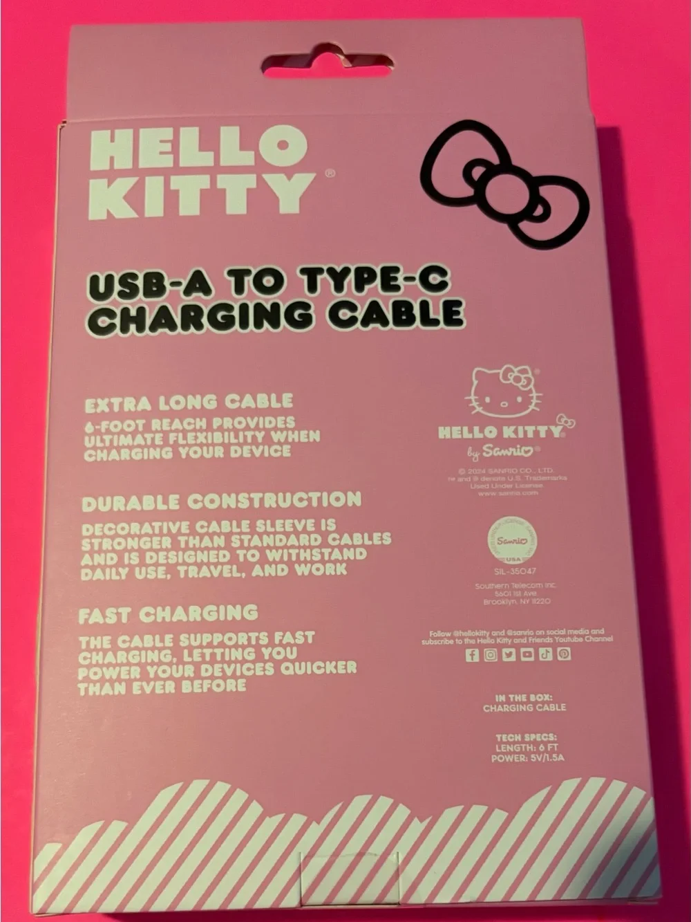 Hello‎ Kitty Pink USB-A to USB-C Charging Cable